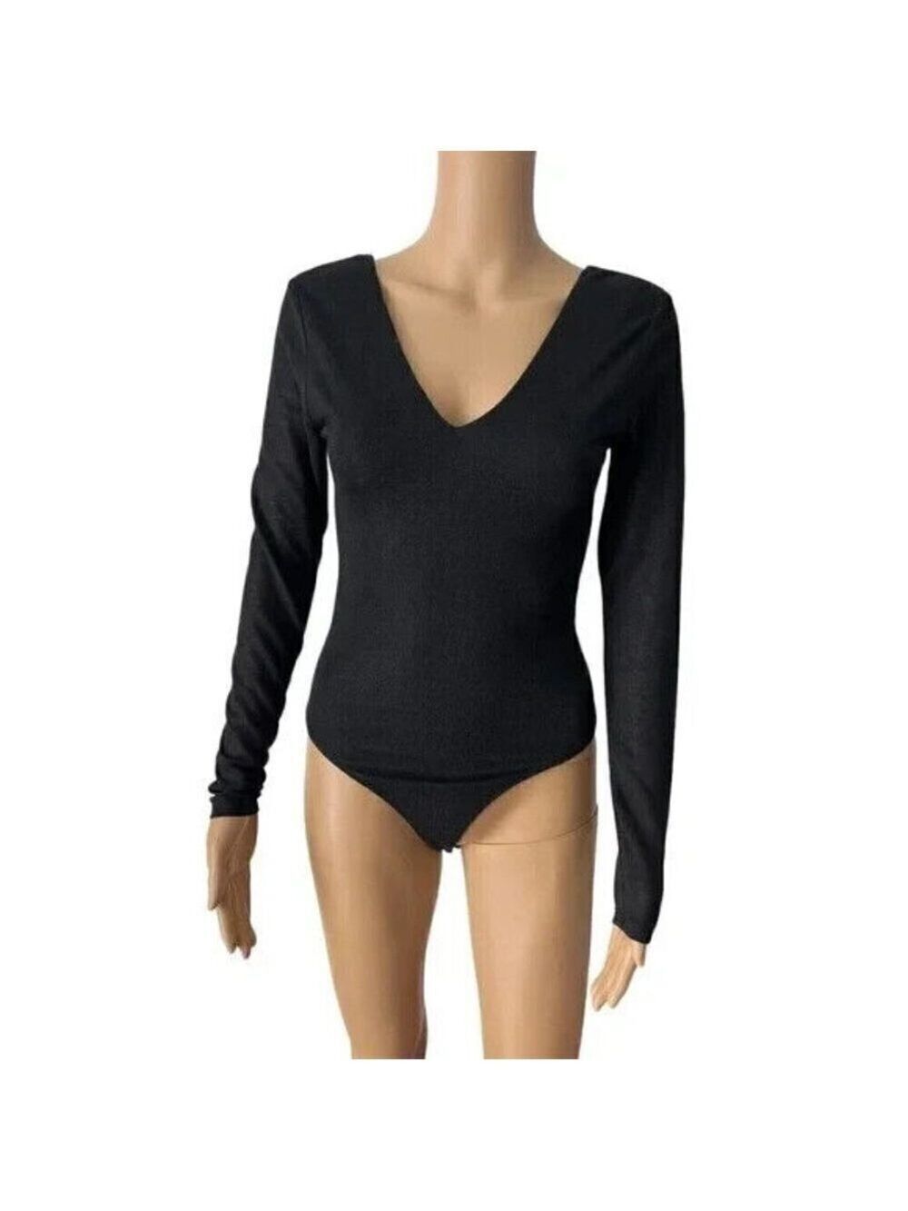 Abound BNWOT womens black glitter vneck bodysuit sz Large long sleeve thong back